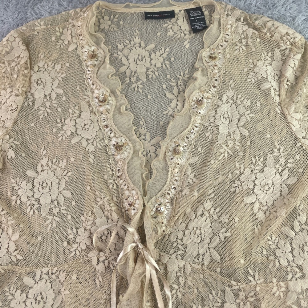 New York & Co Vintage Babydoll Lace Cardigan Womens L Beige Coquette Sheer Y2K - Picture 2 of 5